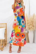 Summer | Sleeveless Tie Neck Waisted Floral Print Maxi Dress