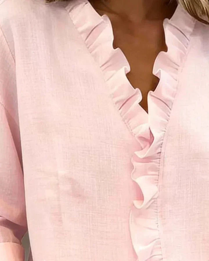 Indie | Blouse with Ruffles V-Neck and Long Sleeves